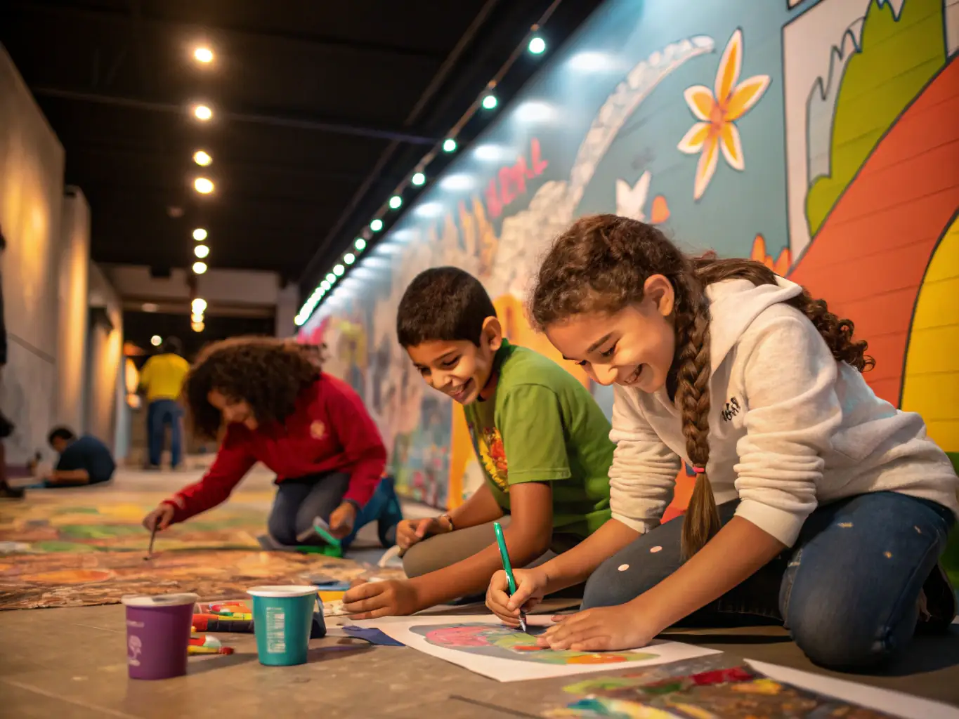 A photograph of young people engaged in an artistic workshop where they are creating sports-themed artwork, reflecting Bleu Cohésion's youth engagement programs.
