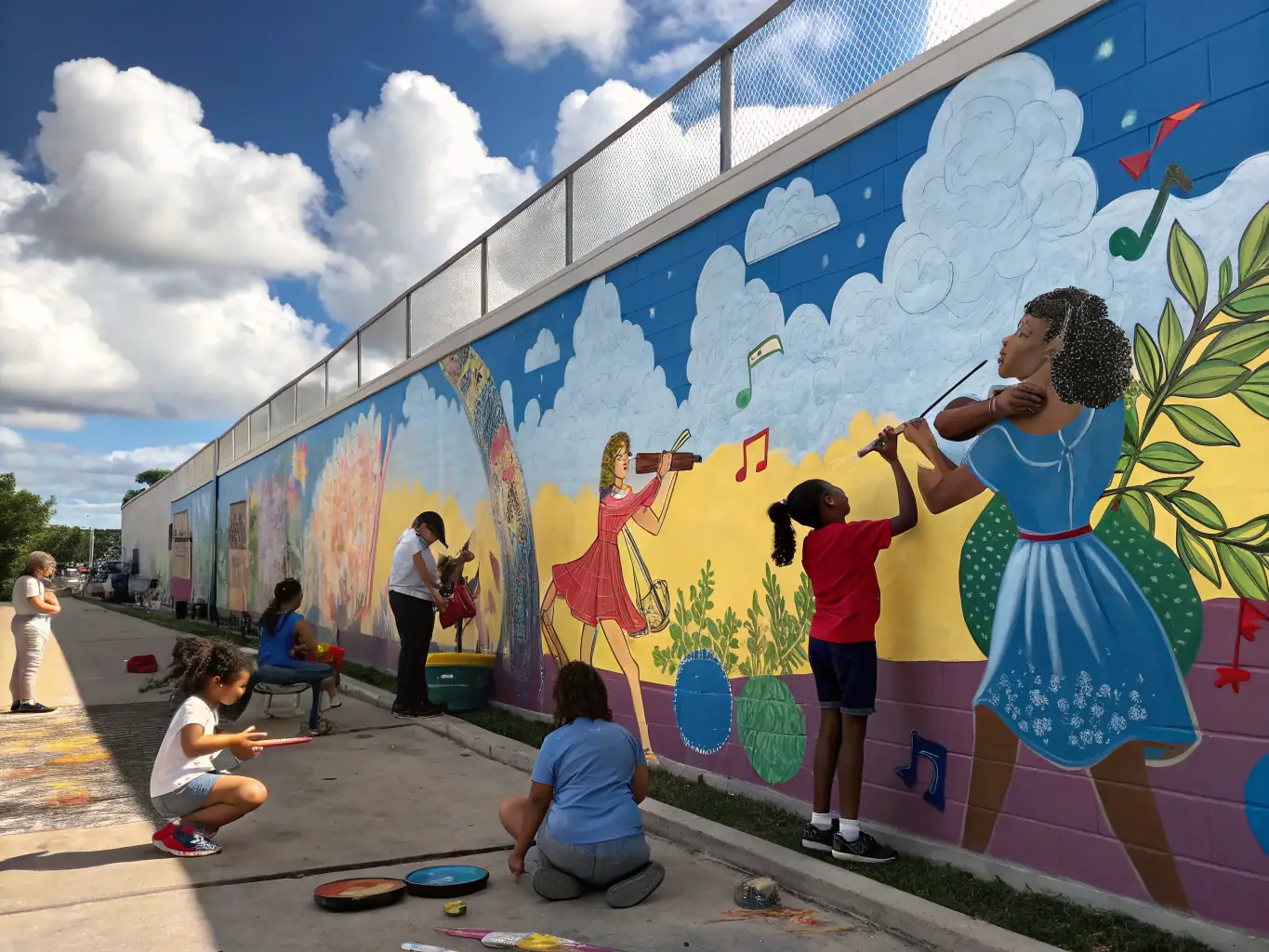 A vibrant mural created collaboratively by local artists and community members, depicting sports activities and cultural symbols, representing Bleu Cohésion's community art projects.