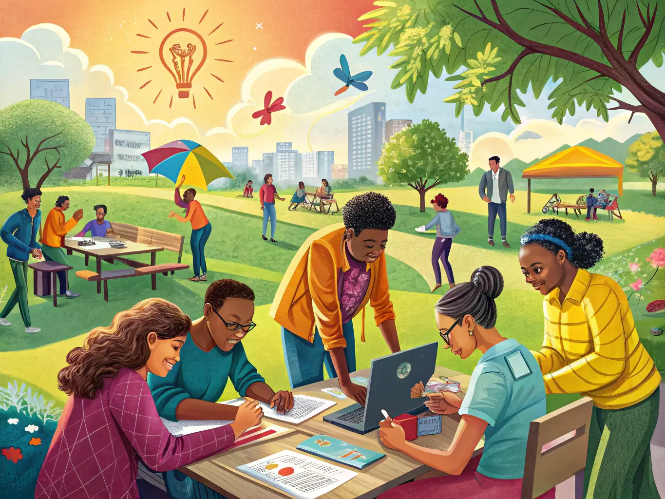 An image showcasing a diverse group of people participating in a community sports event with colorful banners and artistic installations in the background, representing Bleu Cohésion's cultural sports initiatives.